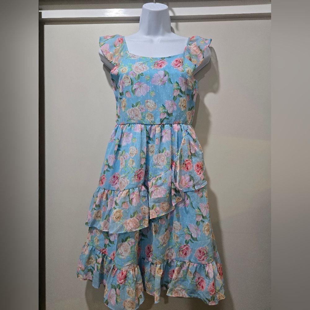 Blush By US Angels Girls Mirelle Floral FlutterSleeve Dress Sz 14 Blue/Pink NWOT